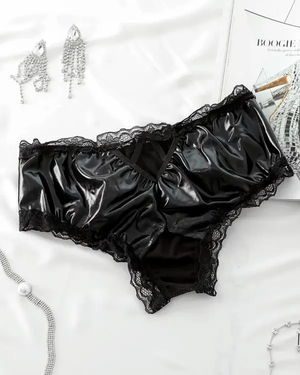 TankiniSkirt Crochet Lace Trim PU Leather Cutout Panties 4 TankiniSkirt Crochet Lace Trim PU Leather Cutout Panties - Image 4