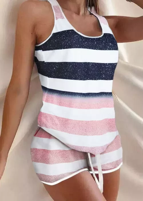 TankiniSkirt Striped Glitter Tank And Drawstring Shorts Pajamas Set 3 TankiniSkirt Striped Glitter Tank And Drawstring Shorts Pajamas Set - Image 3