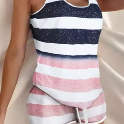 TankiniSkirt Striped Glitter Tank And Drawstring Shorts Pajamas Set