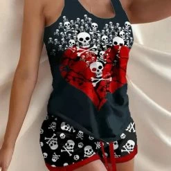 TankiniSkirt Heart Skull Print Drawstring Pajamas Set