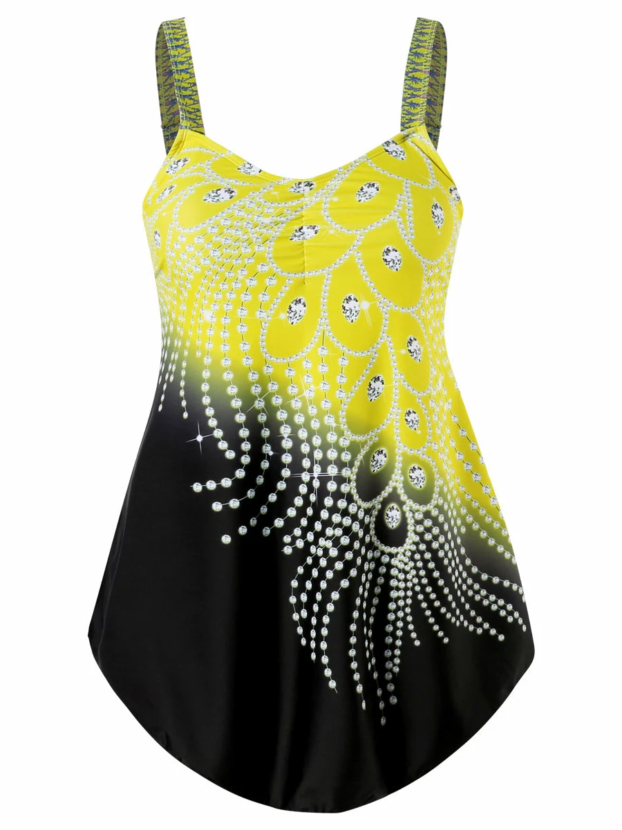 TankiniSkirt Women's Tube Top Print Diamond Feather Contrast Color Split Large Siz 8 TankiniSkirt Women's Tube Top Print Diamond Feather Contrast Color Split Large Siz - Image 8