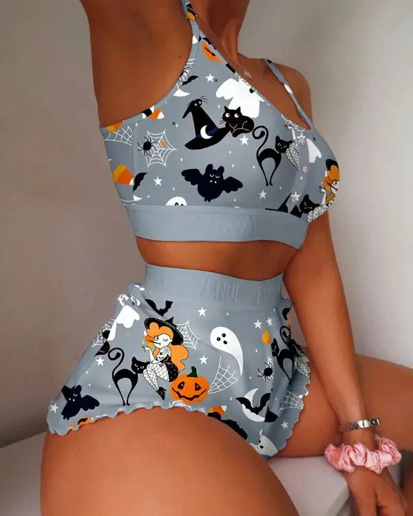 TankiniSkirt Halloween Graphic Print Lettuce Trim Cami Set 2 TankiniSkirt Halloween Graphic Print Lettuce Trim Cami Set - Image 2
