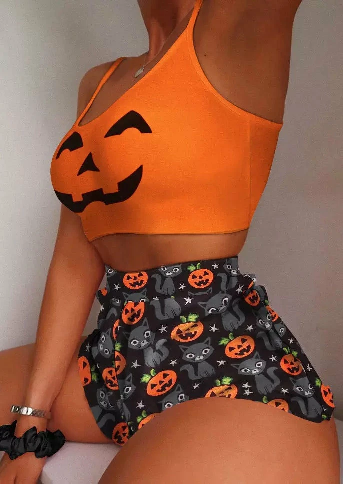 TankiniSkirt Halloween Pumpkin Face Camisole And Cat Shorts Pajamas Set - Orange 1 TankiniSkirt Halloween Pumpkin Face Camisole And Cat Shorts Pajamas Set - Orange