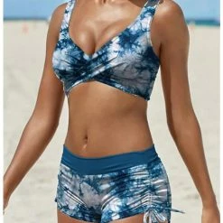 TankiniSkirt Tie Dye V Wire Ruched Open Back Padded High Waist Bikini Set With Boyleg