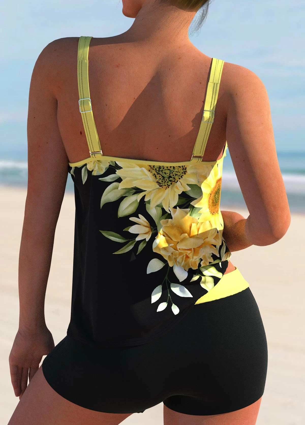 TankiniSkirt Sunflower Print Double Straps Yellow Tankini Set 2 TankiniSkirt Sunflower Print Double Straps Yellow Tankini Set - Image 2
