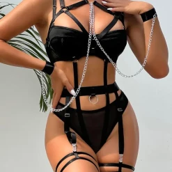 TankiniSkirt O-Ring Chain Decor Garter Lingerie Set