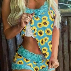 TankiniSkirt Sunflower Lace Trim Camisole And Shorts Pajamas Set - Blue