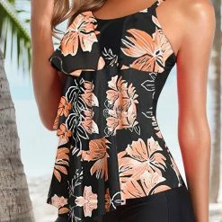 TankiniSkirt Women 2 Piece Orange Flower Flounce Floral Top With BoyshortsSwimsuits Tankini Set