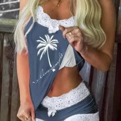 TankiniSkirt Live Simple Coconut Tree Lace Splicing Camisole And Shorts Pajamas Se