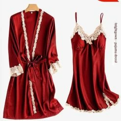 TankiniSkirt Burgundy Soft Comfortable Ice Silk Lace Pajamas 2pcs Set