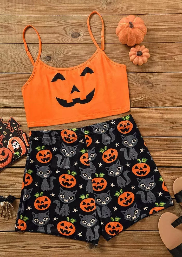 TankiniSkirt Halloween Pumpkin Face Camisole And Cat Shorts Pajamas Set - Orange 2 TankiniSkirt Halloween Pumpkin Face Camisole And Cat Shorts Pajamas Set - Orange - Image 2