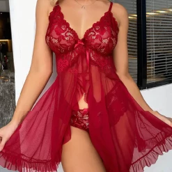 TankiniSkirt Bowknot Decor Sheer Mesh Lace Babydoll With Thong