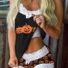 TankiniSkirt Halloween Pumpkin Face Splicing Lace Camisole And Shorts Pajamas Set