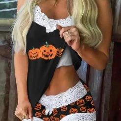 TankiniSkirt Halloween Pumpkin Face Splicing Lace Camisole And Shorts Pajamas Set