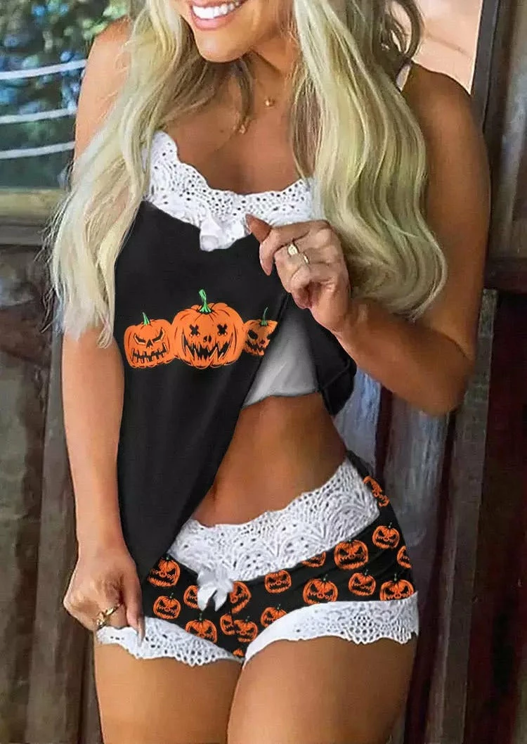 TankiniSkirt Halloween Pumpkin Face Splicing Lace Camisole And Shorts Pajamas Set 4 TankiniSkirt Halloween Pumpkin Face Splicing Lace Camisole And Shorts Pajamas Set - Image 4
