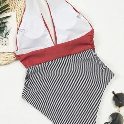 MySwimsuit Vintage Striped Ruched Halter One Piece Swimsuit -TankiniSkirt Shop 7301661209eae0ea83d035153005093f