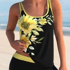 TankiniSkirt Sunflower Print Double Straps Yellow Tankini Set