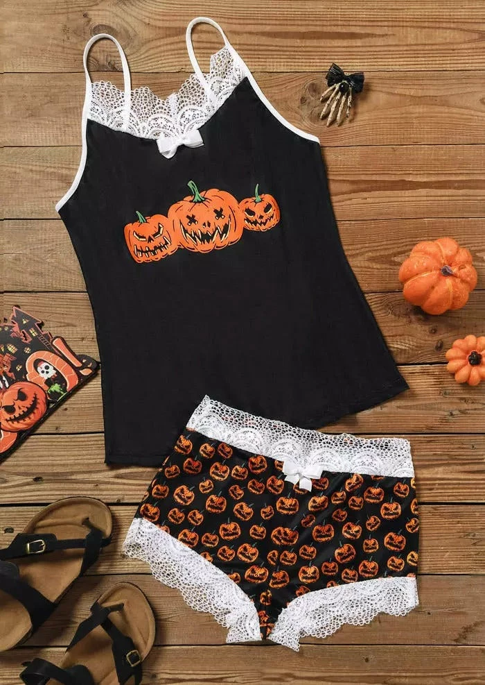 TankiniSkirt Halloween Pumpkin Face Splicing Lace Camisole And Shorts Pajamas Set 2 TankiniSkirt Halloween Pumpkin Face Splicing Lace Camisole And Shorts Pajamas Set - Image 2