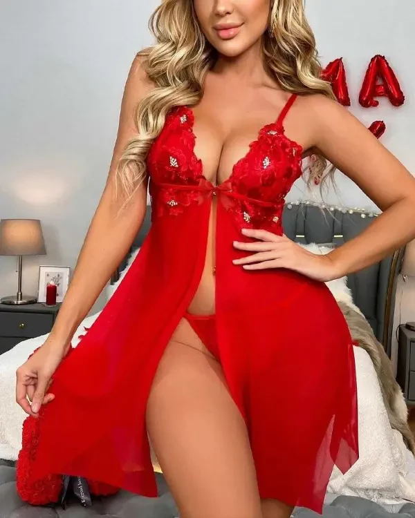 TankiniSkirt Slit Front Sheer Mesh Lace Babydoll With Thong 4 TankiniSkirt Slit Front Sheer Mesh Lace Babydoll With Thong - Image 4