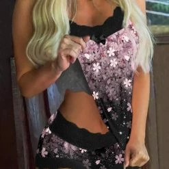 TankiniSkirt Cherry Blossoms Lace Splicing Camisole And Shorts Pajamas Set - Purple