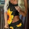 TankiniSkirt Sunflower Lace Splicing Camisole And Shorts Pajamas Set - Black