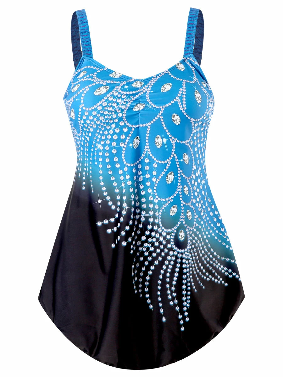 TankiniSkirt Women's Tube Top Print Diamond Feather Contrast Color Split Large Siz 9 TankiniSkirt Women's Tube Top Print Diamond Feather Contrast Color Split Large Siz - Image 9