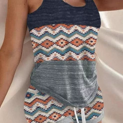 TankiniSkirt Aztec Geometric Color Block Tank And Shorts Pajamas Set
