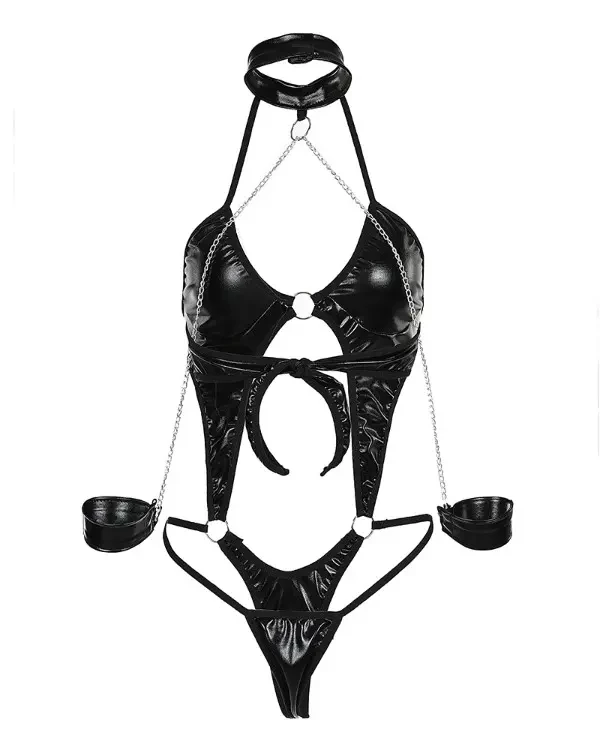 TankiniSkirt PU Leather O-Ring Chain Strap Backless Teddy 5 TankiniSkirt PU Leather O-Ring Chain Strap Backless Teddy - Image 5