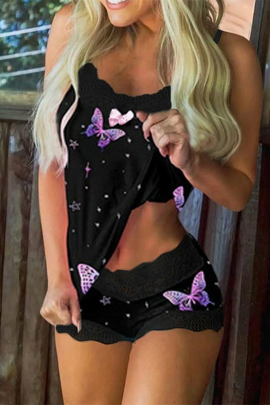 TankiniSkirt Butterfly Print Lace Camisole And Shorts Pajamas Set 2 TankiniSkirt Butterfly Print Lace Camisole And Shorts Pajamas Set - Image 2