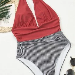 MySwimsuit Vintage Striped Ruched Halter One Piece Swimsuit -TankiniSkirt Shop abaa72992ab6f5c9eab646752264eb1f