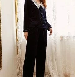 TankiniSkirt Women Velour Lace Collar Button Up Cozy Long Pajamas Set
