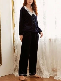 TankiniSkirt Women Velour Lace Collar Button Up Cozy Long Pajamas Set 1 TankiniSkirt Women Velour Lace Collar Button Up Cozy Long Pajamas Set