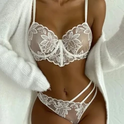 TankiniSkirt Sheer Mesh Floral Embroidery Cutout Lingerie Set