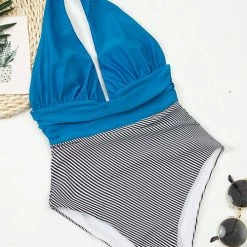 MySwimsuit Vintage Striped Ruched Halter One Piece Swimsuit -TankiniSkirt Shop c2919a94530d0f545a208d38630f033f