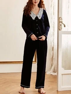 TankiniSkirt Women Velour Lace Collar Button Up Cozy Long Pajamas Set 4 TankiniSkirt Women Velour Lace Collar Button Up Cozy Long Pajamas Set - Image 4