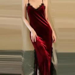 TankiniSkirt Spaghetti Strap Lace Trim Slit Velvet Night Dress