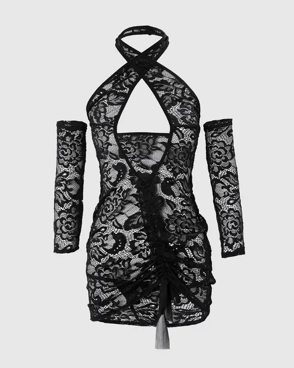 TankiniSkirt Cutout Drawstring Ruched Lace Babydoll With Thong 8 TankiniSkirt Cutout Drawstring Ruched Lace Babydoll With Thong - Image 8