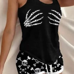TankiniSkirt Skeleton Hand Tank And Skull Shorts Pajamas Set