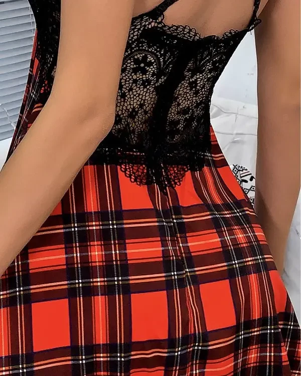 TankiniSkirt Gingham Print Lace Crisscross Backless Nightgown 3 TankiniSkirt Gingham Print Lace Crisscross Backless Nightgown - Image 3