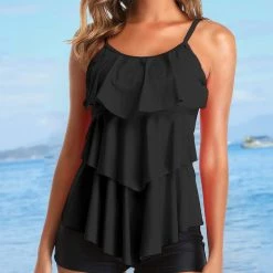 TankiniSkirt Women 2 Piece Solid Black Flounce Floral Top With BoyshortsSwimsuits Tankini Set