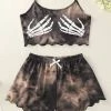 TankiniSkirt Skeleton Hand Tie Dye Camisole And Shorts Pajamas Set - Brown