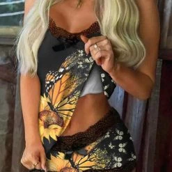 TankiniSkirt Sunflower Butterfly Lace Splicing Camisole And Shorts Pajamas Set