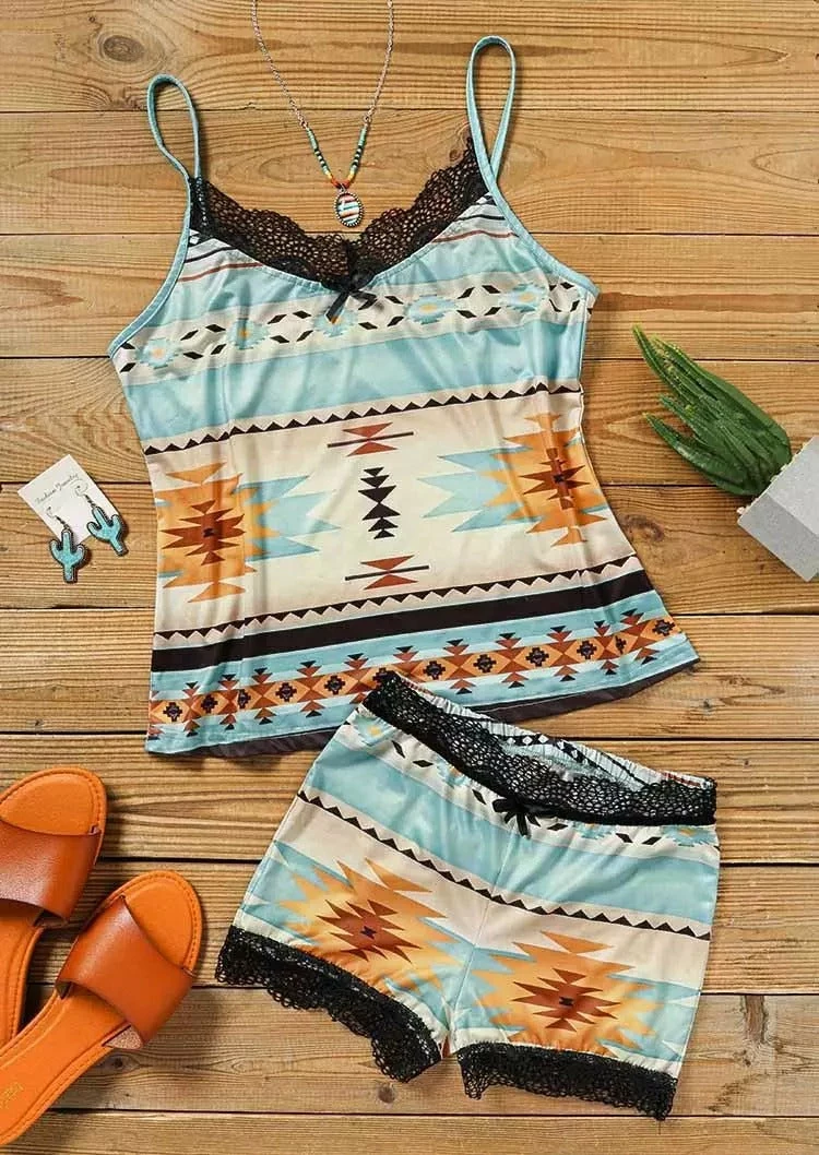 TankiniSkirt Aztec Geometric Lace Camisole And Shorts Pajamas Set 2 TankiniSkirt Aztec Geometric Lace Camisole And Shorts Pajamas Set - Image 2