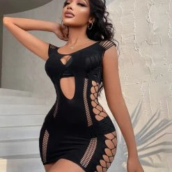 TankiniSkirt Cutout Sleeveless Fishnet Design Bodystocking Dress